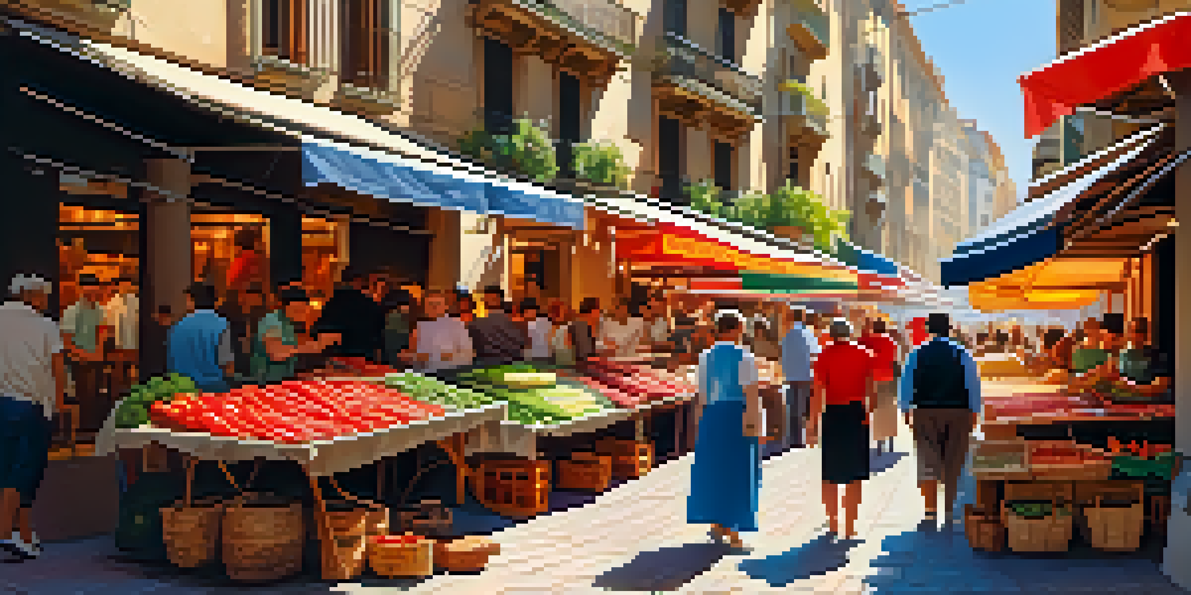 A lively food market in Barcelona filled with colorful produce and people enjoying various street foods.