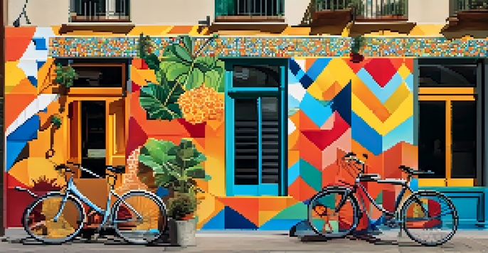 A colorful mural on a brick wall in Barcelona, featuring geometric patterns and local plants. The scene includes bicycles and café tables under bright sunlight.