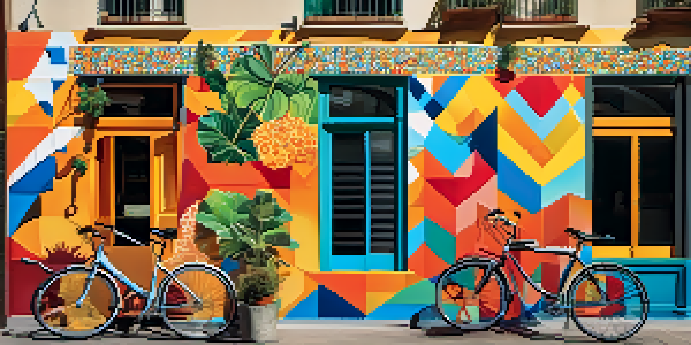 A colorful mural on a brick wall in Barcelona, featuring geometric patterns and local plants. The scene includes bicycles and café tables under bright sunlight.