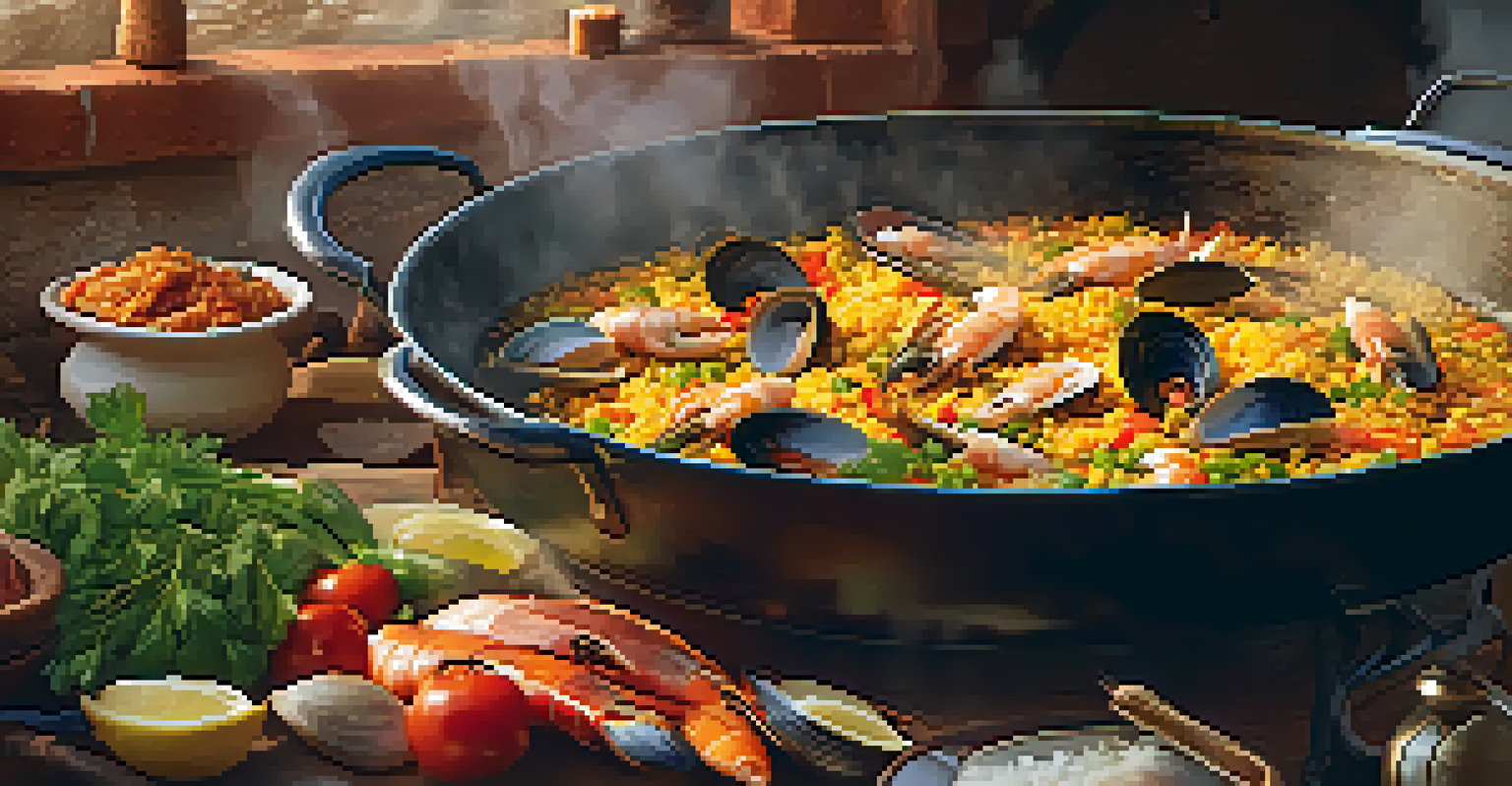 A traditional Spanish paella being cooked in a round pan, showcasing seafood and saffron rice in a rustic kitchen.