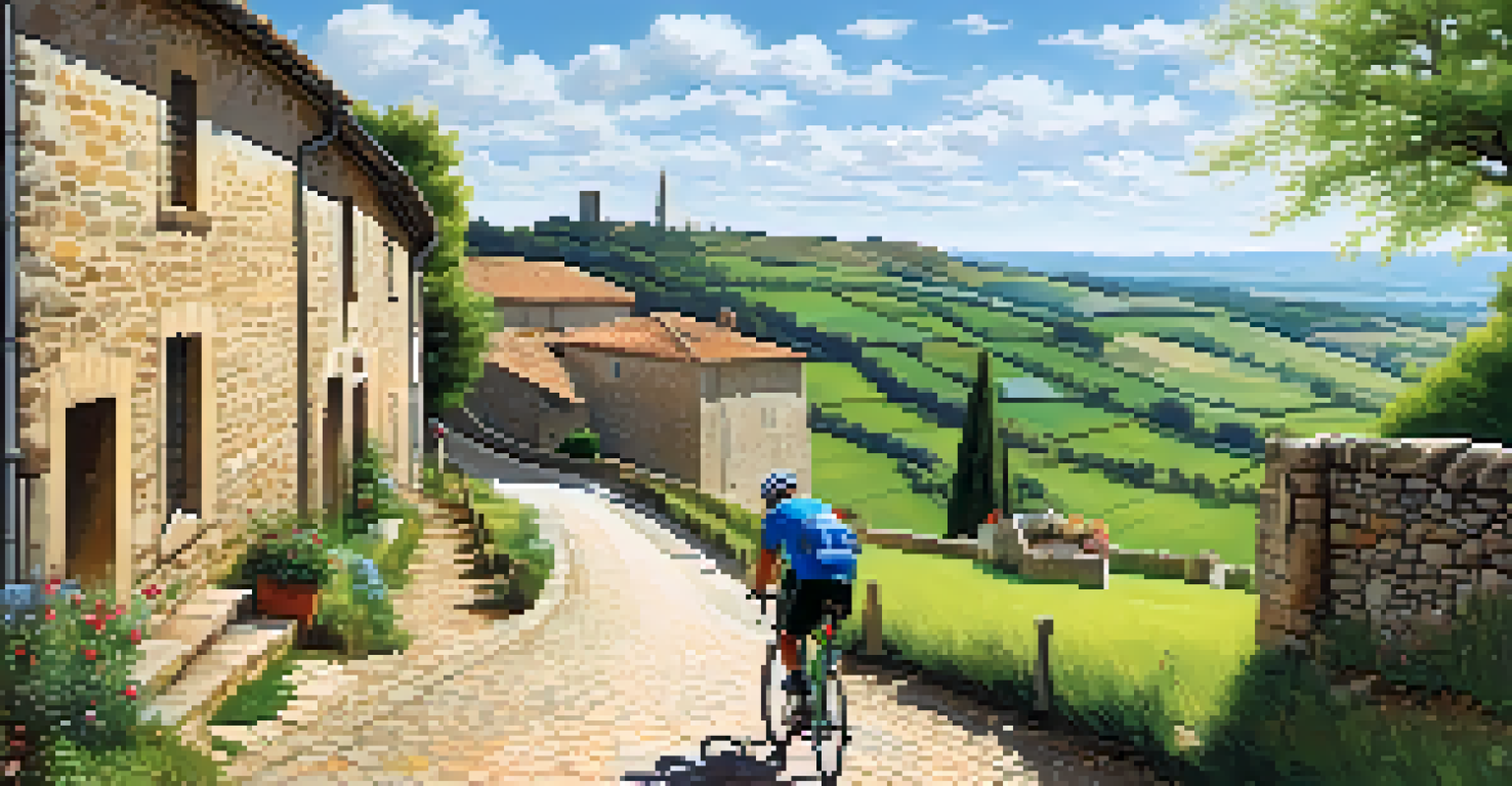 A cyclist resting on the Camino de Santiago, with green fields and a charming village in the background.