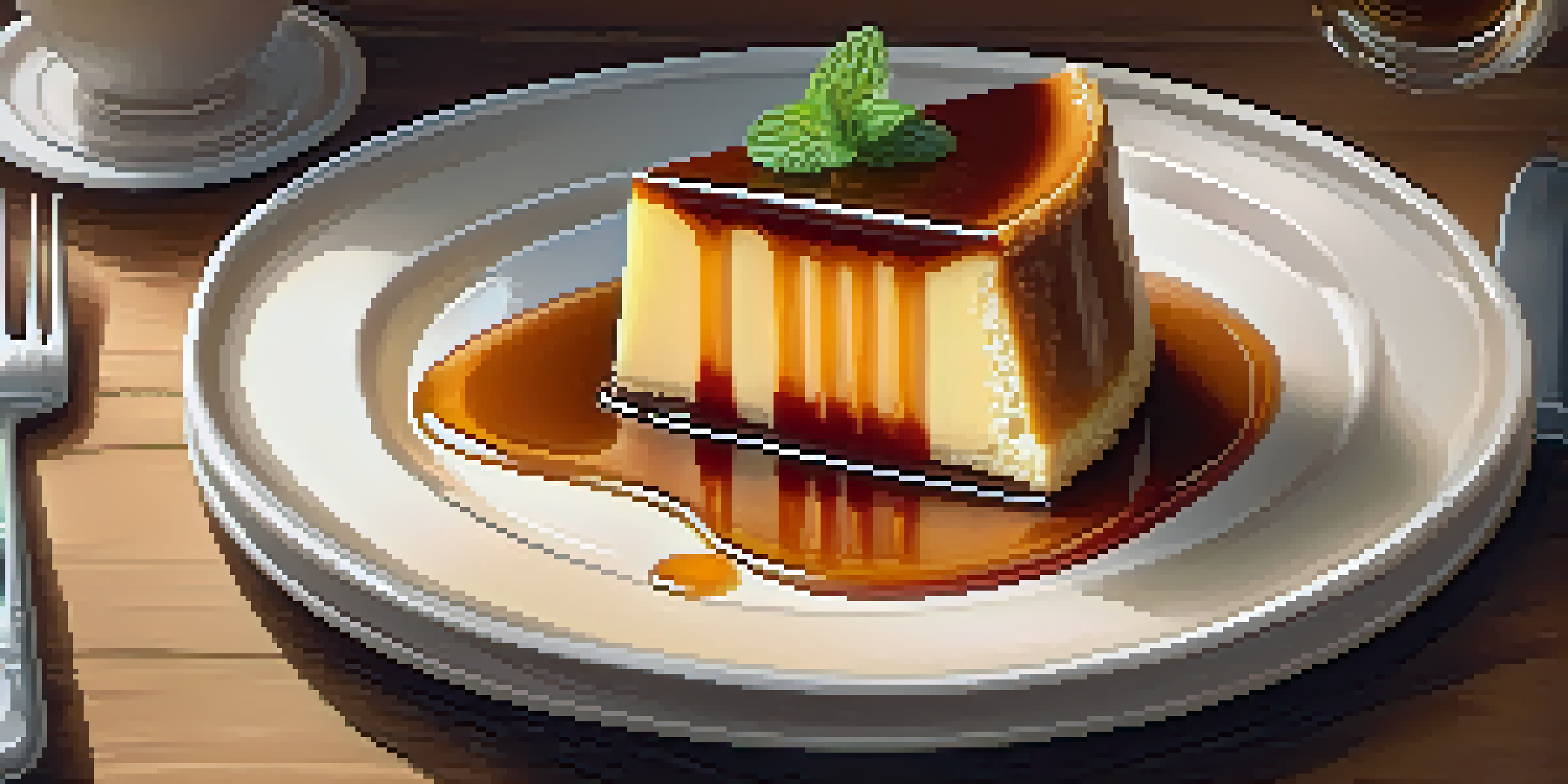 A slice of flan with caramel sauce and a mint garnish on a white plate, set on a rustic wooden table.
