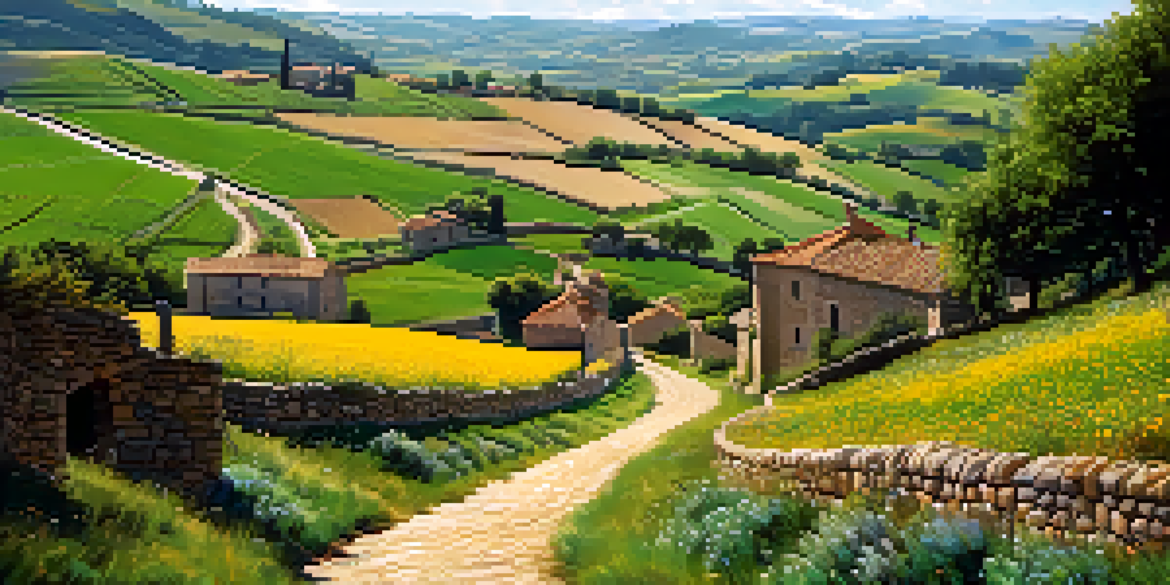 A scenic landscape of the Camino de Santiago with a winding path, green fields, and distant villages, featuring pilgrims walking along the trail.