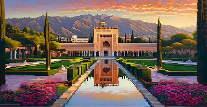 The Alhambra palace illuminated by sunset, showcasing its intricate architecture and vibrant gardens.