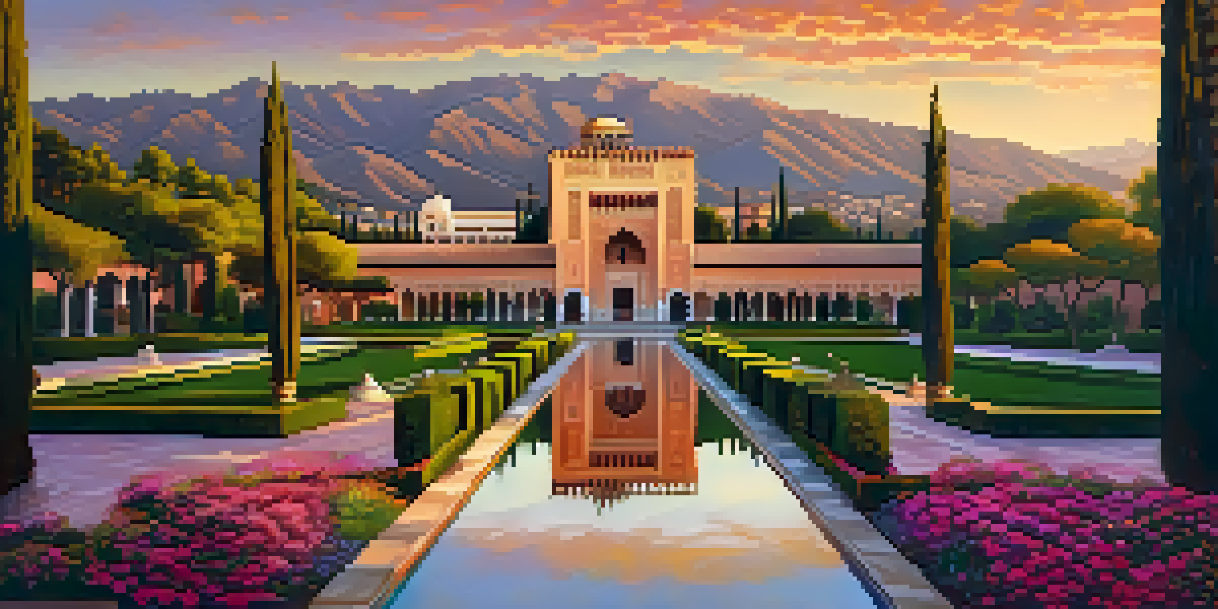 The Alhambra palace illuminated by sunset, showcasing its intricate architecture and vibrant gardens.