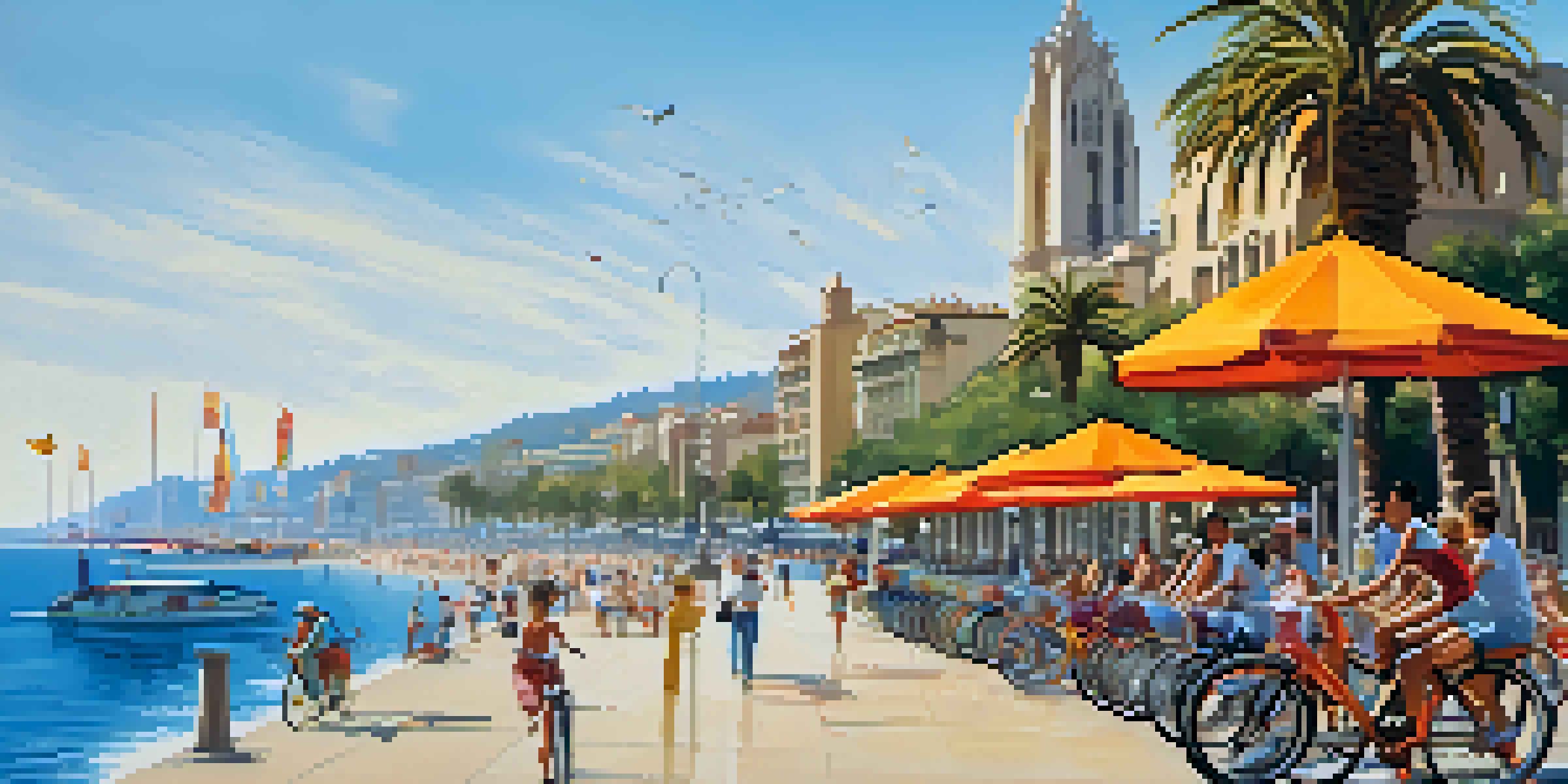 Cyclists riding along Barcelona's waterfront promenade with the Mediterranean Sea in the background, colorful beach umbrellas, and palm trees.