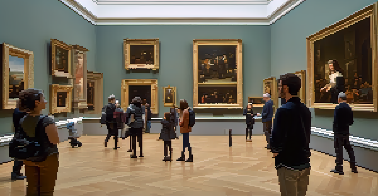 An interior view of the Museo del Prado gallery with visitors observing the artworks under soft lighting.