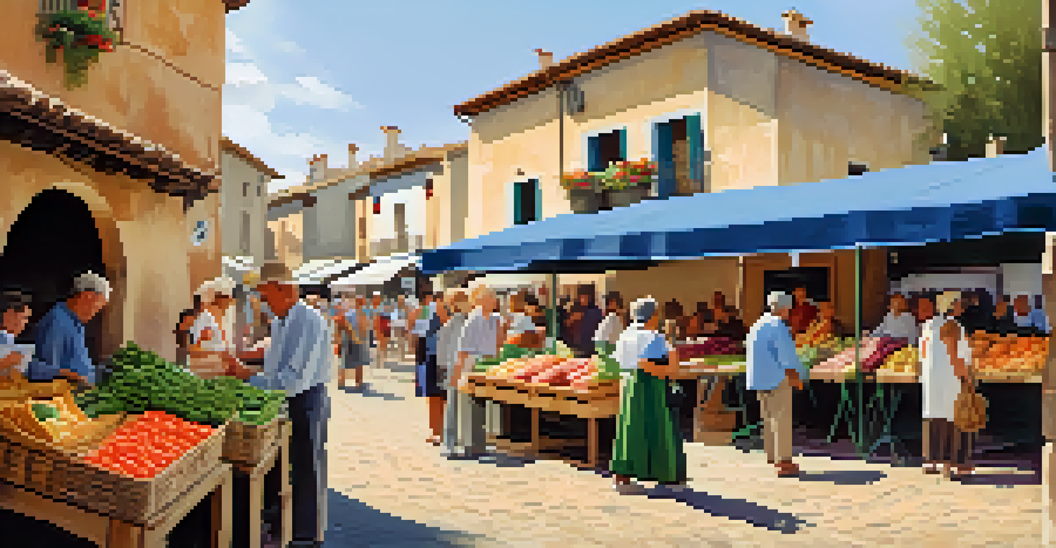 A vibrant outdoor market in a rural Spanish village, showcasing fresh produce and artisan goods, with locals and tourists mingling among colorful stalls.
