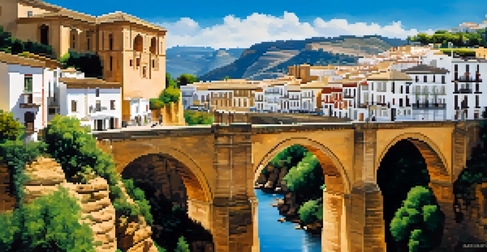 A scenic view of Ronda, Spain, highlighting the Puente Nuevo bridge and surrounding mountains with traditional architecture.