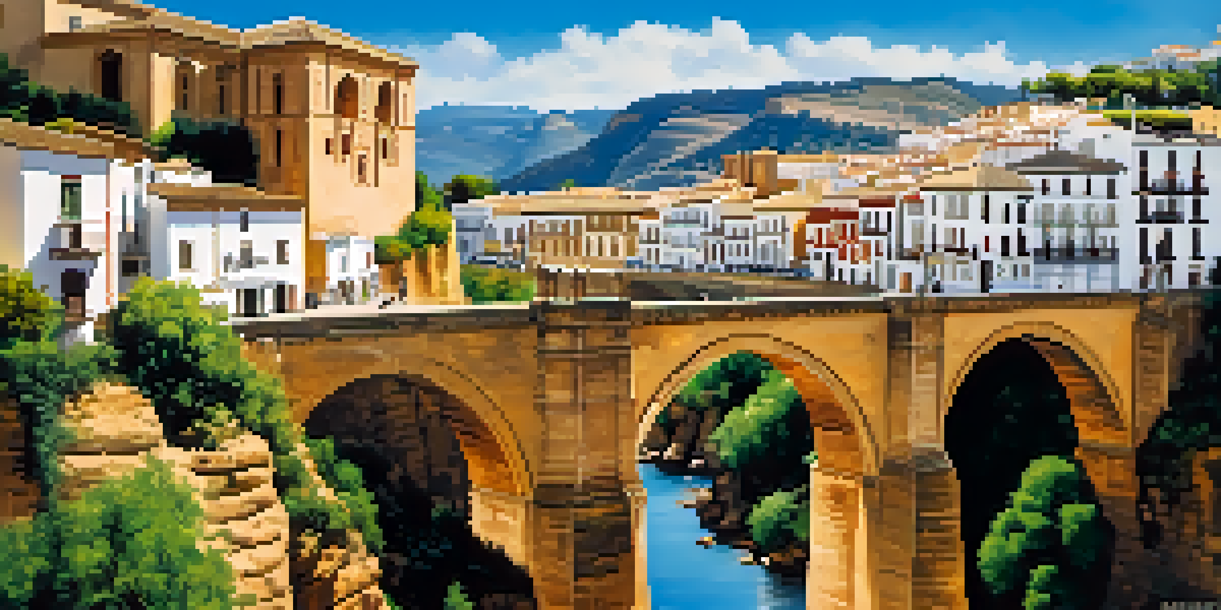 A scenic view of Ronda, Spain, highlighting the Puente Nuevo bridge and surrounding mountains with traditional architecture.