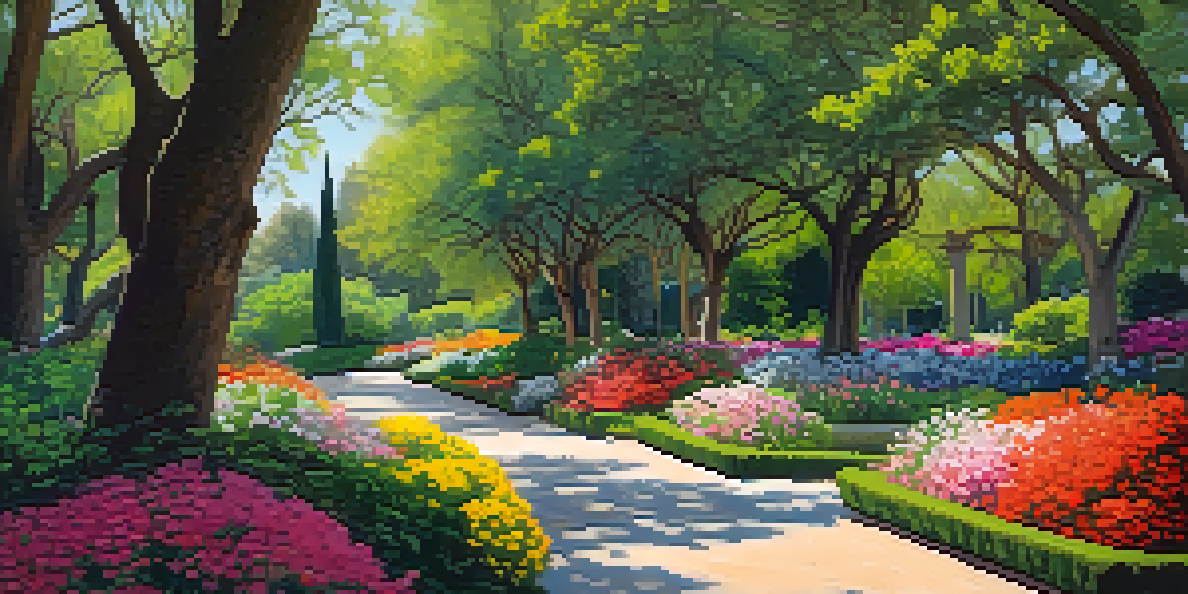 A beautiful spring scene in the Royal Botanical Garden with colorful flowers and lush greenery along a winding path, illuminated by soft sunlight.