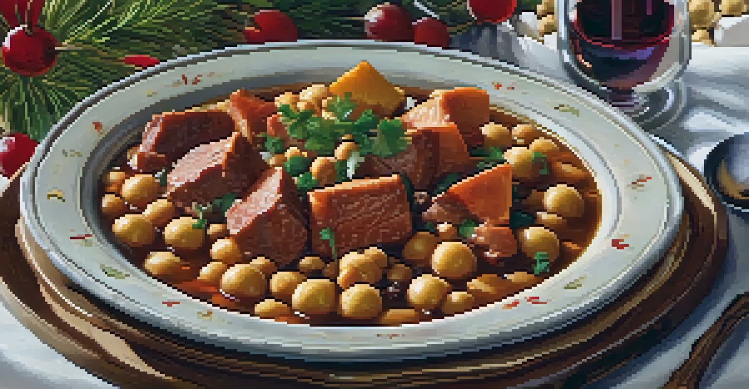 A close-up view of 'cocido madrileño,' a traditional Spanish stew, served in a rustic bowl with festive decorations on the table.