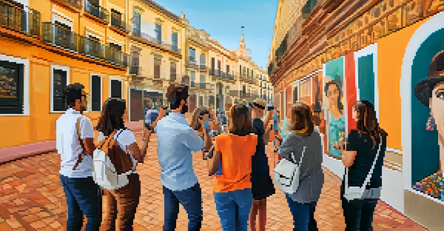 A group of people on a street art tour in Seville, admiring a mural as the guide explains its significance, with vibrant colors all around.
