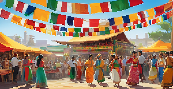 A lively festival with diverse people in traditional clothing dancing and colorful stalls showcasing food and crafts.