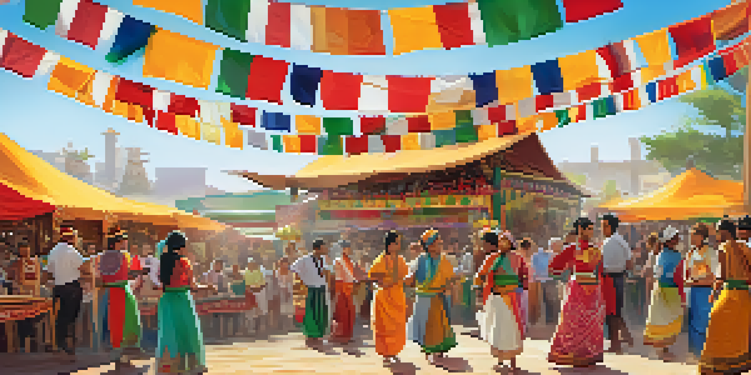 A lively festival with diverse people in traditional clothing dancing and colorful stalls showcasing food and crafts.
