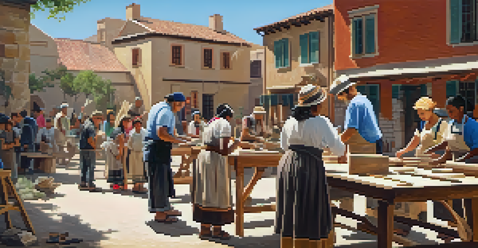 A community workshop where people are restoring a historical site, with a focus on traditional techniques and collaboration.