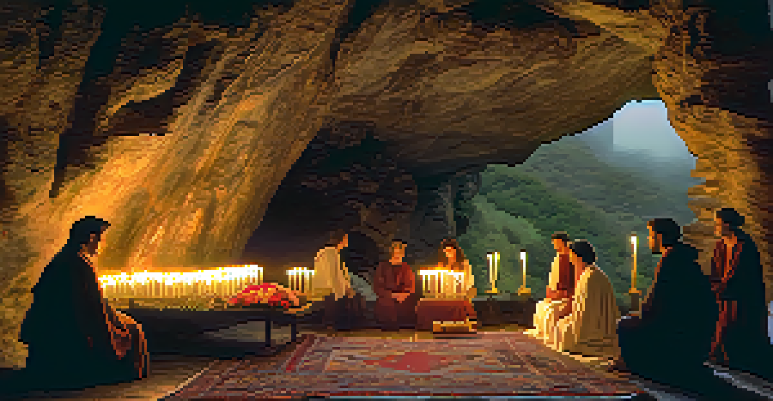 Inside the cave of the Virgin of Covadonga, lit by candles with pilgrims in quiet reflection.
