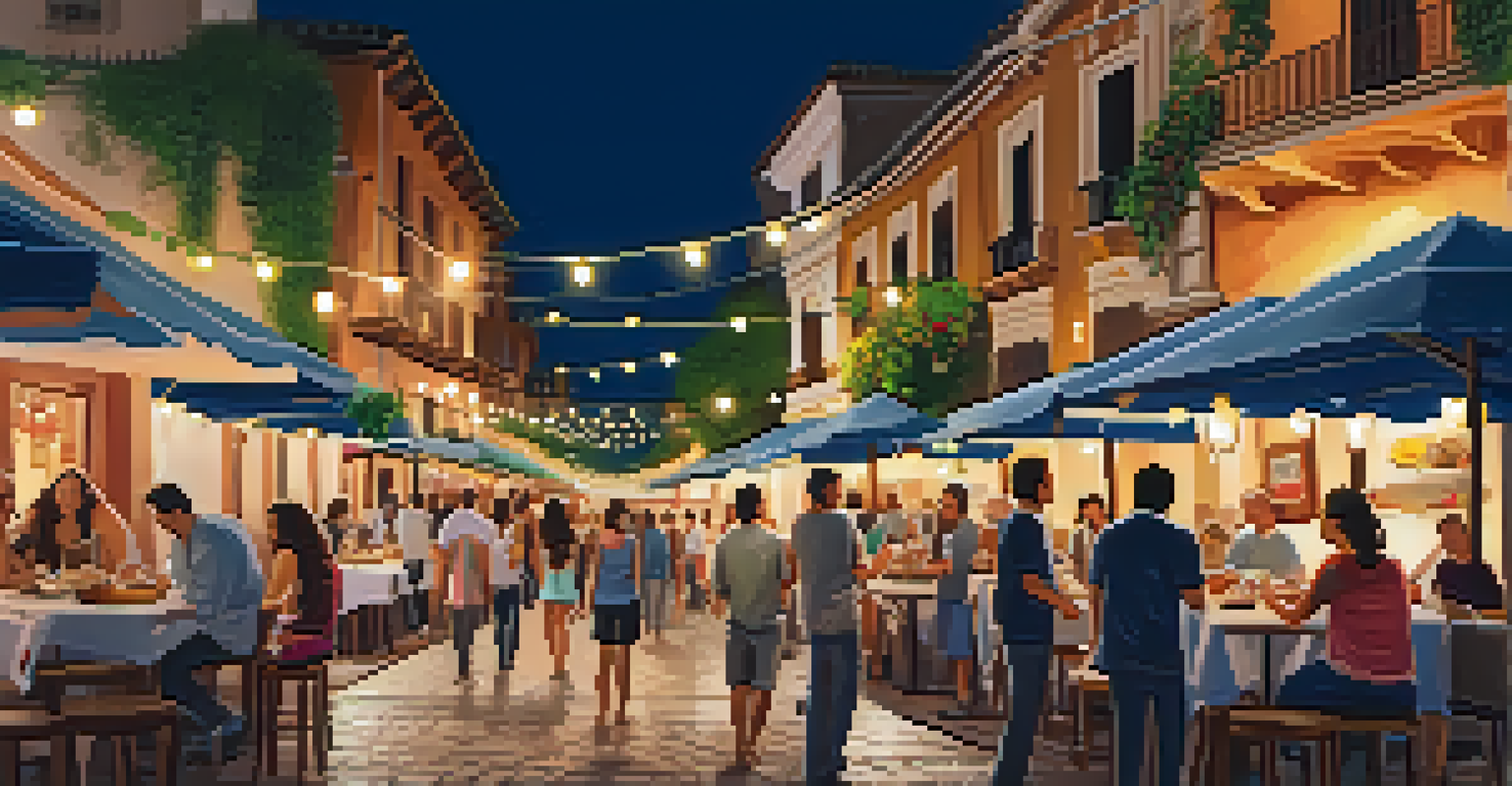 A vibrant street in Granada at night with illuminated tapas bars and people enjoying their meals.