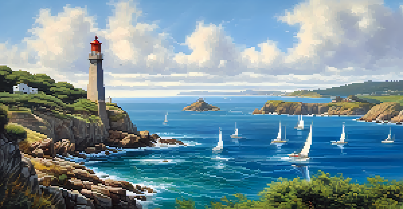 A scenic view of Galicia's rugged coastline with lighthouses, sailboats, and dolphins under a clear blue sky.