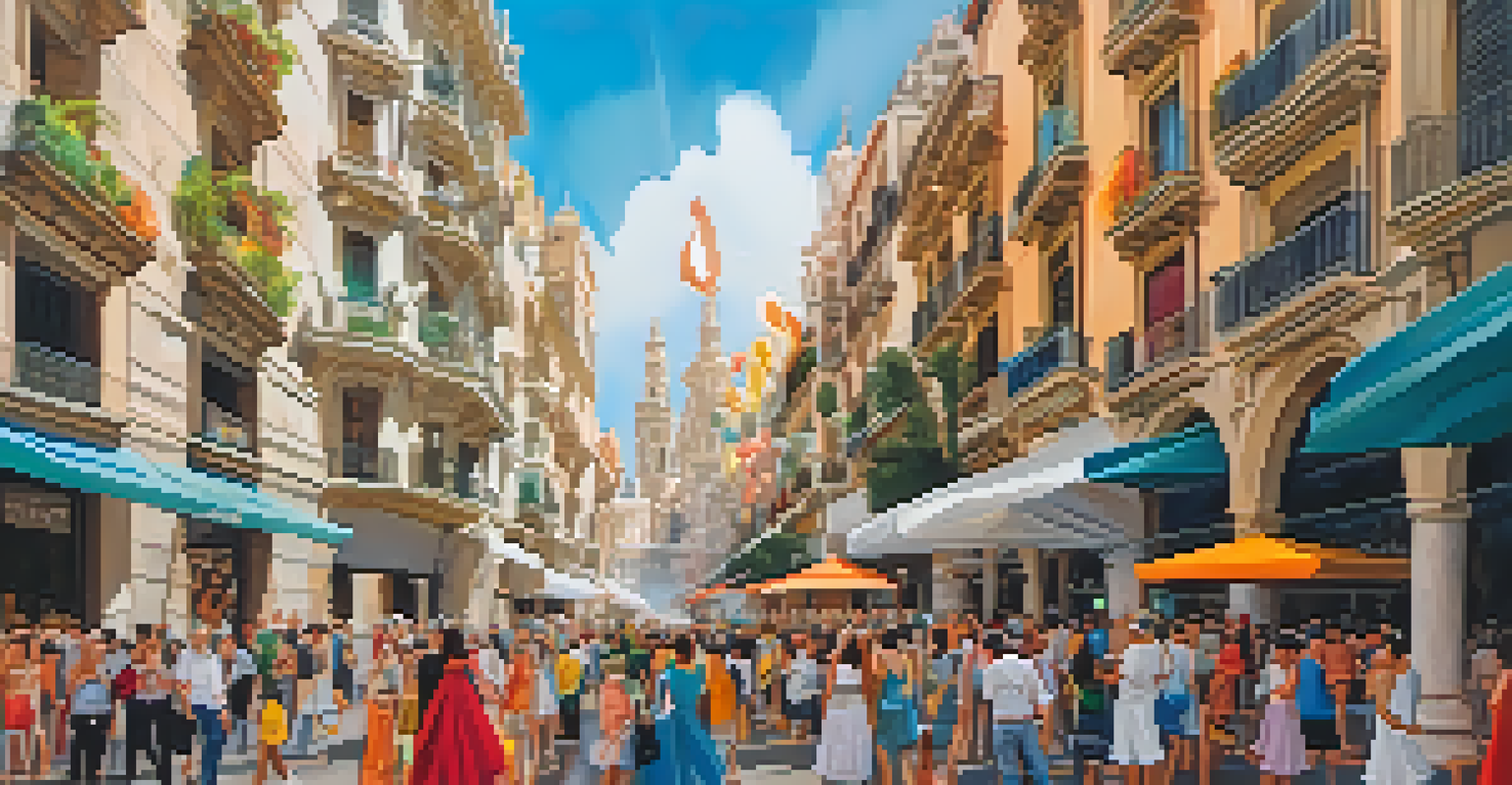 A lively street scene in Valencia during the Fallas Festival, with colorful sculptures and crowds, set against a mix of historic and modern buildings.