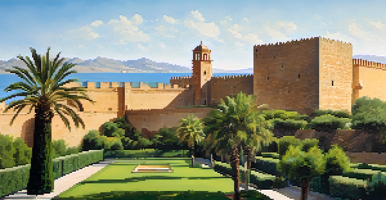 A view of the Alcazaba of Almería, featuring its strong stone walls and towers, with lush gardens and the sea in the backdrop.