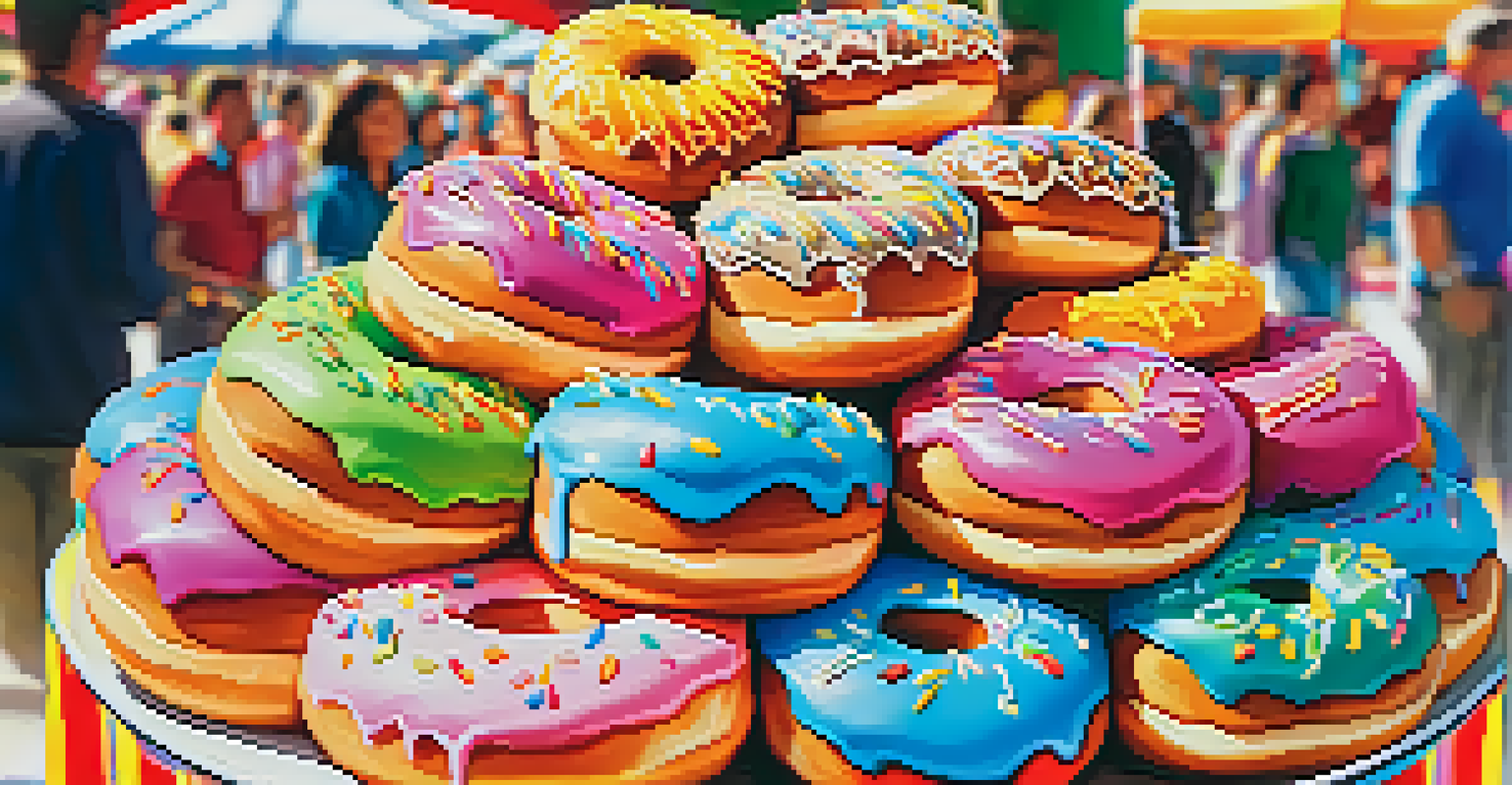 A close-up view of traditional 'rosquillas' doughnuts with colorful icing on a market stall during the Fiesta de San Isidro, with festival-goers in the background.