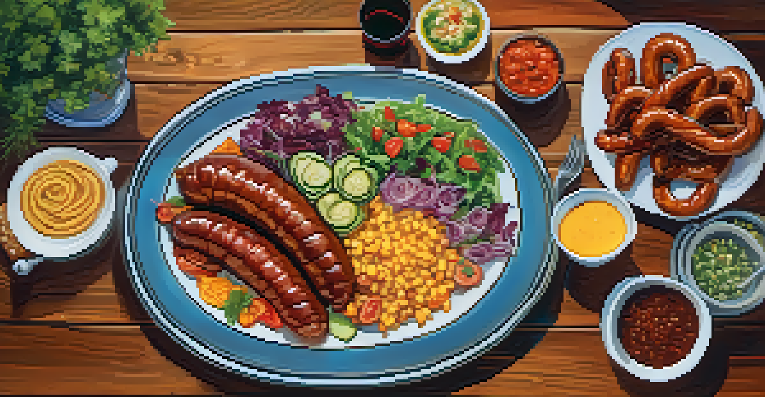 A delicious platter of Bavarian and Spanish food including pretzels and sausages, set in a festive outdoor atmosphere.