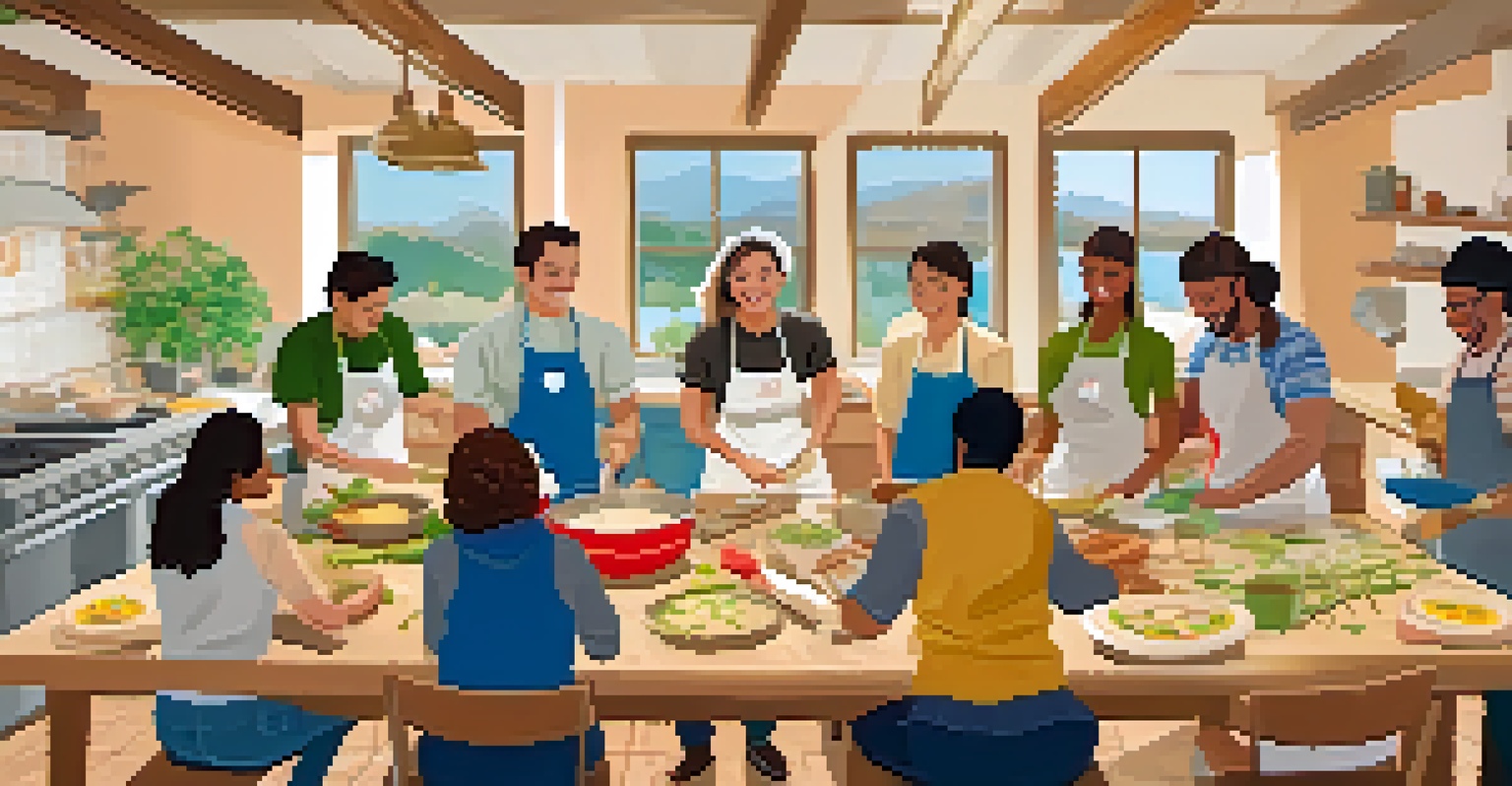Participants in a cooking workshop making Spanish tortillas, surrounded by fresh ingredients and cooking utensils.