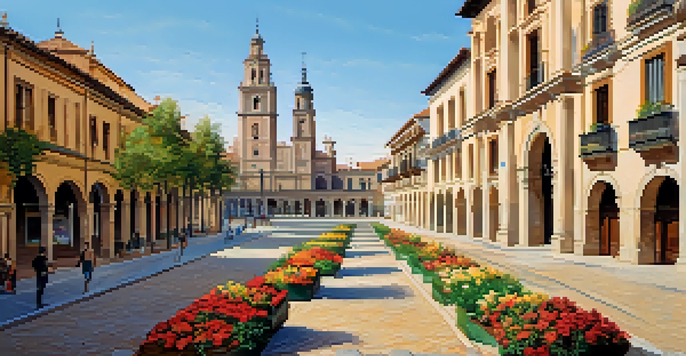 A scenic view of Alcalá de Henares featuring historic buildings, cobblestone streets, and the University of Alcalá under a clear blue sky.
