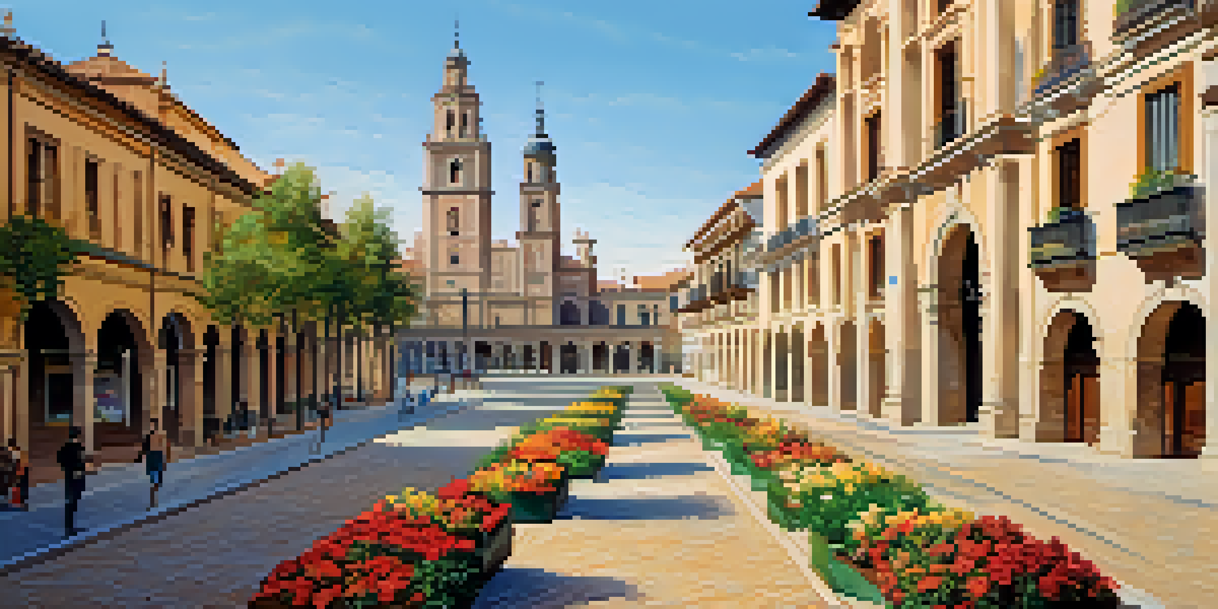 A scenic view of Alcalá de Henares featuring historic buildings, cobblestone streets, and the University of Alcalá under a clear blue sky.