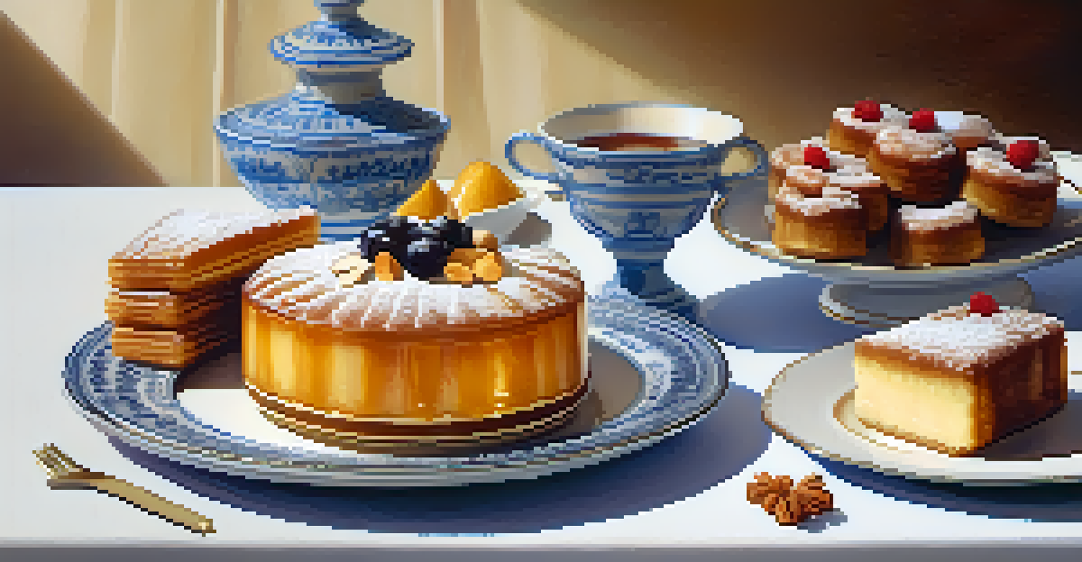 A selection of Spanish desserts including flan and churros arranged on a table, with decorative elements and soft lighting.