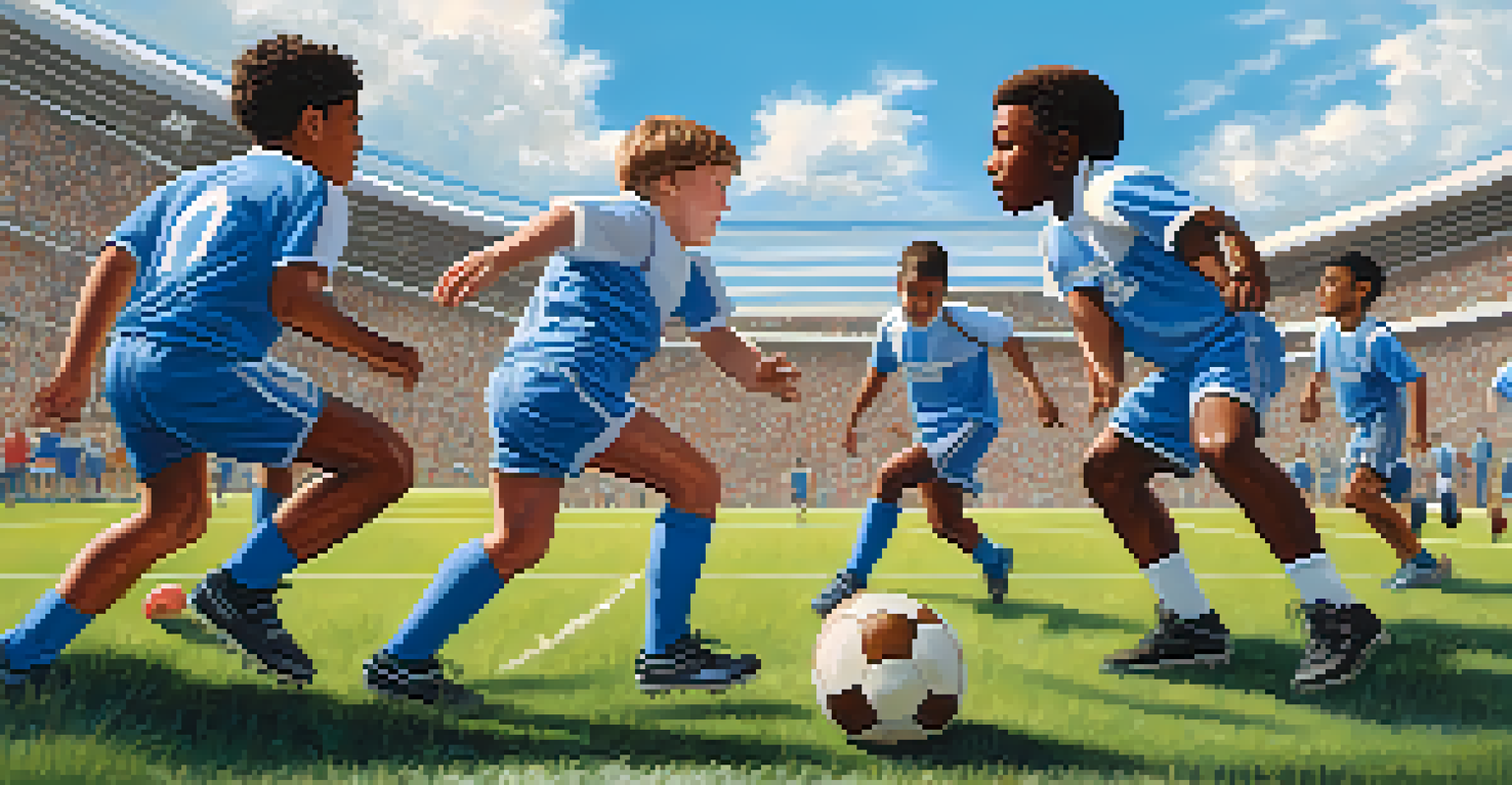 A diverse group of young football players practicing together, showing teamwork and inclusivity on a sunny day.