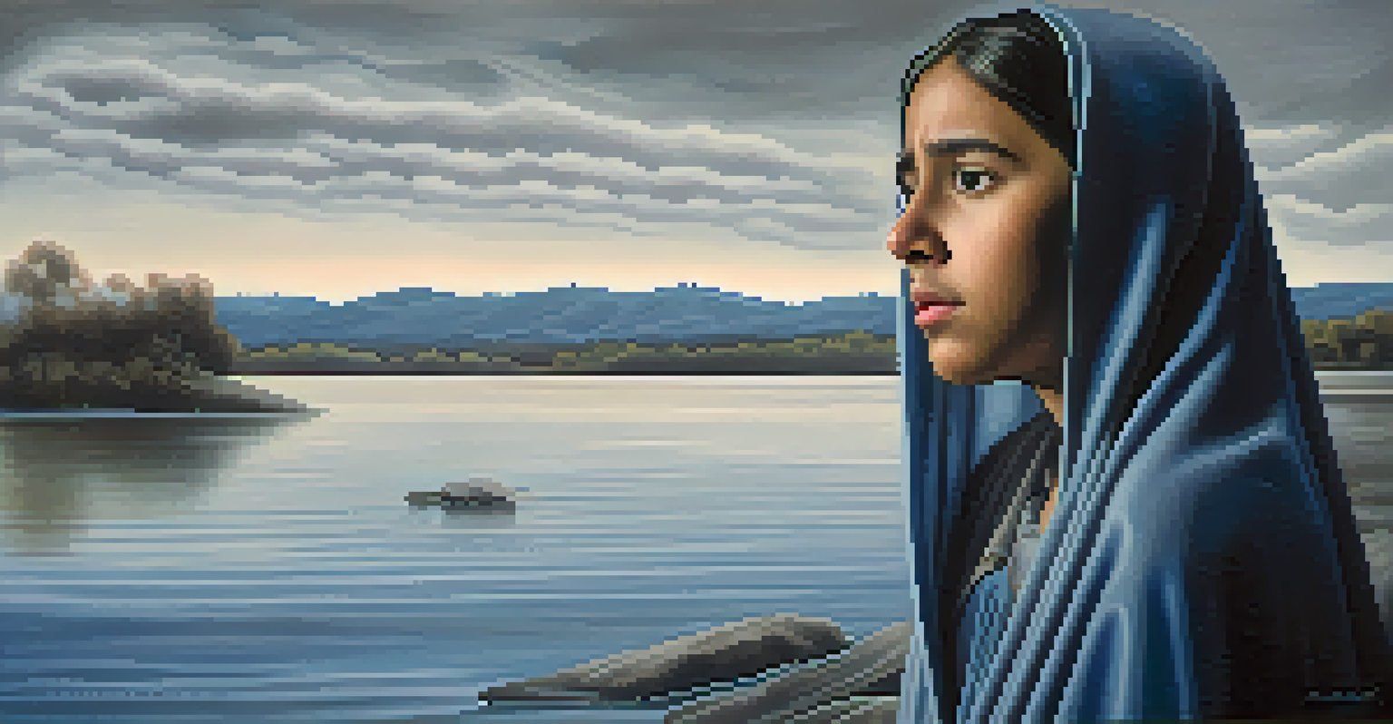 A close-up portrait of La Llorona expressing deep sorrow, with blurred images of children in the background.