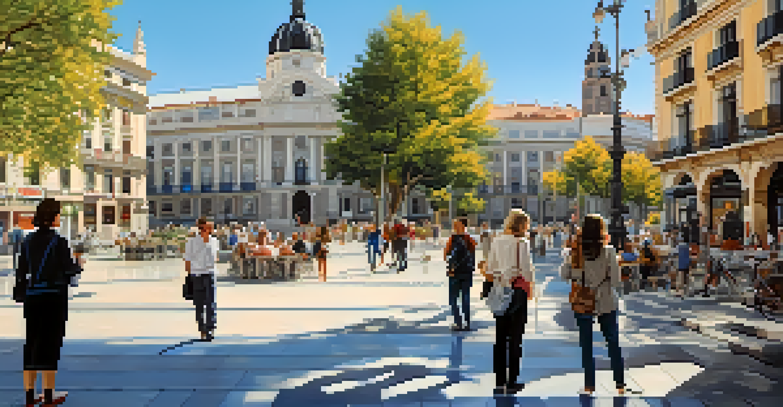 A public plaza in Madrid with art installations, where diverse people interact with the artworks, framed by historic architecture against a blue sky.