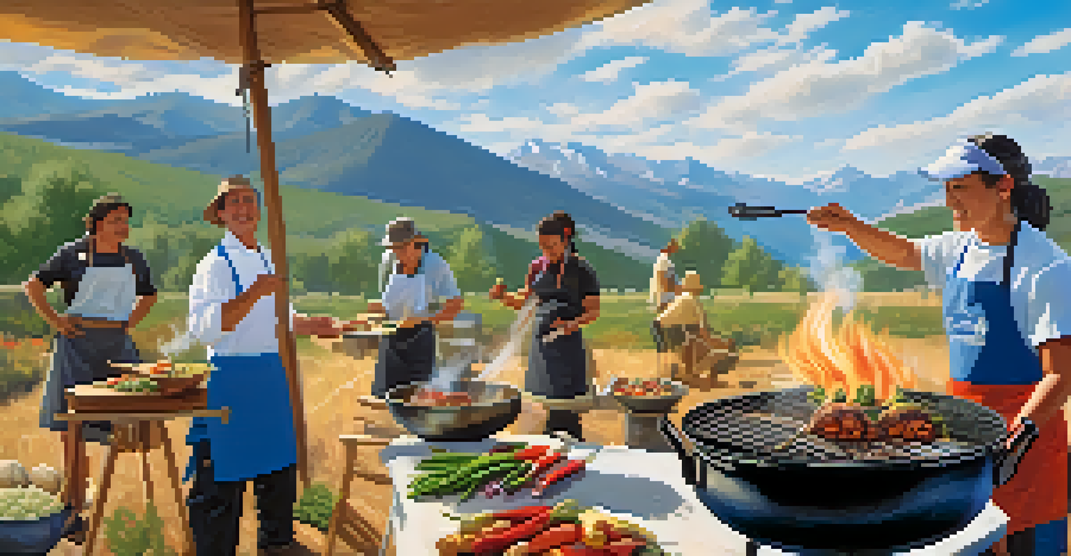 An outdoor cooking instructor teaching participants how to grill vegetables, set against a mountainous backdrop.