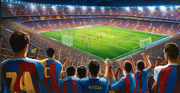 A lively football match between FC Barcelona and Real Madrid, with passionate fans and colorful banners in a bright stadium.