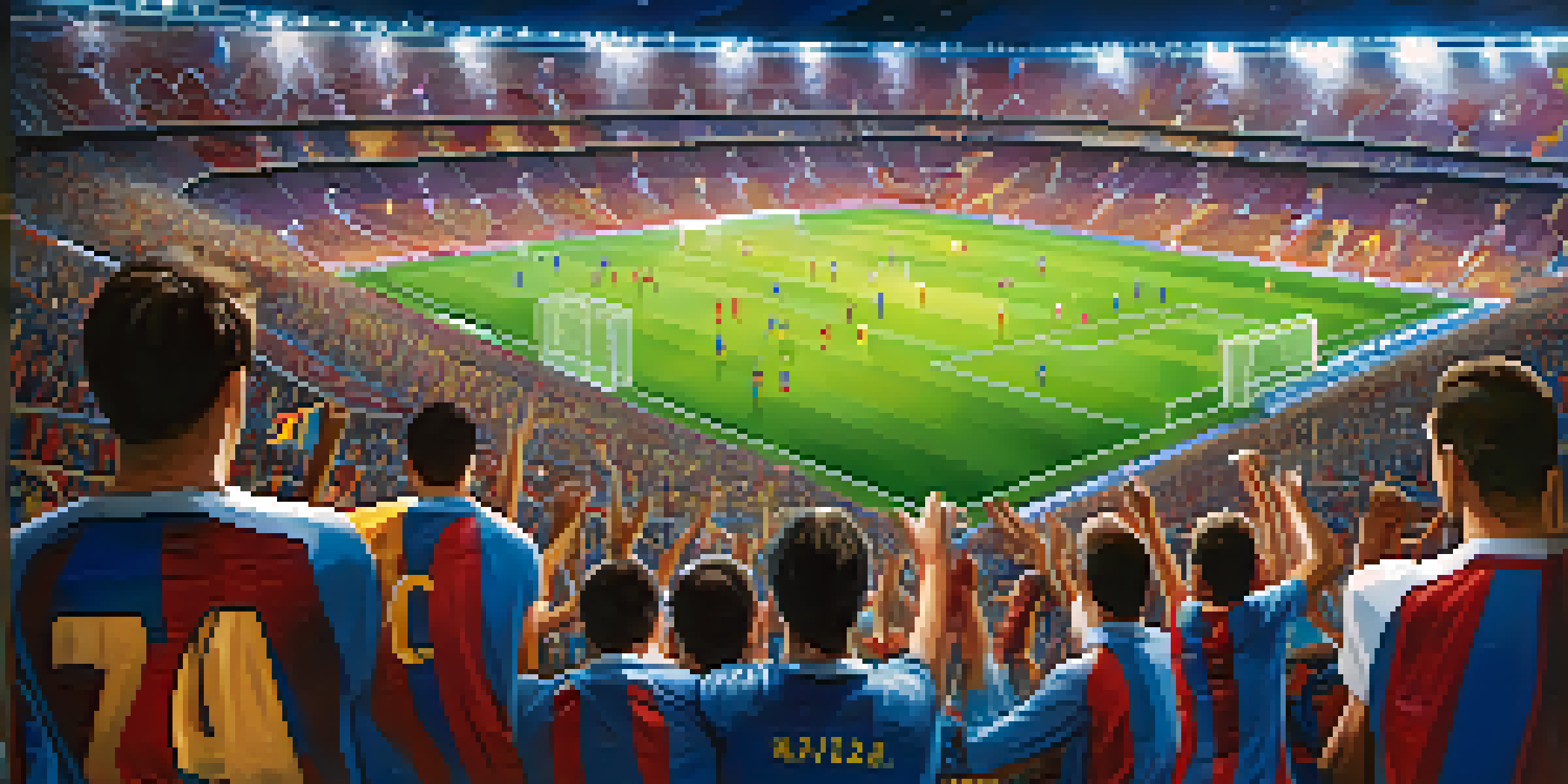 A lively football match between FC Barcelona and Real Madrid, with passionate fans and colorful banners in a bright stadium.