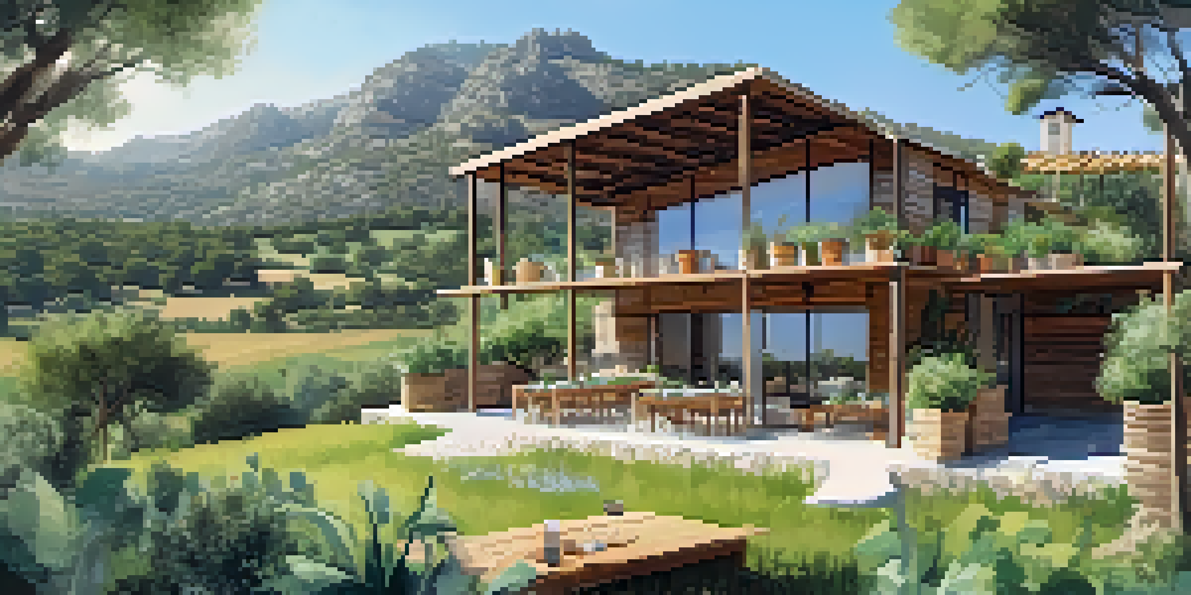 An eco-friendly hotel surrounded by gardens and solar panels, with guests dining on a terrace.