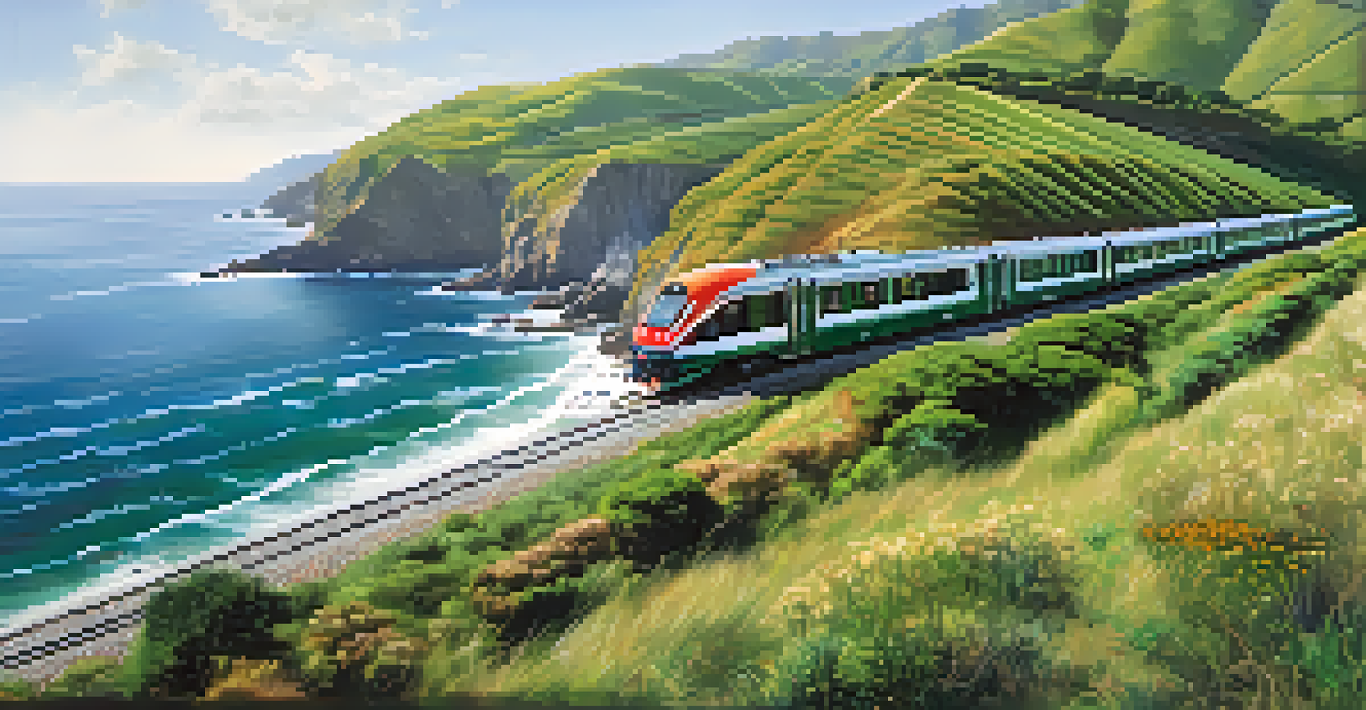 The Transcantábrico train along the northern coast of Spain with green hills and ocean waves in the background.