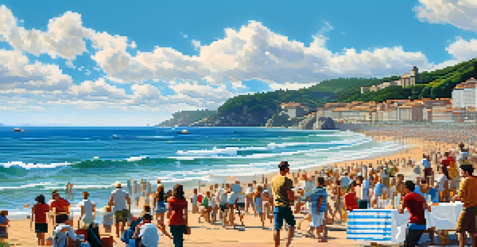 A scenic view of the Basque coast during the San Sebastián Film Festival, featuring beachgoers enjoying the sun and waves with a bright blue sky.