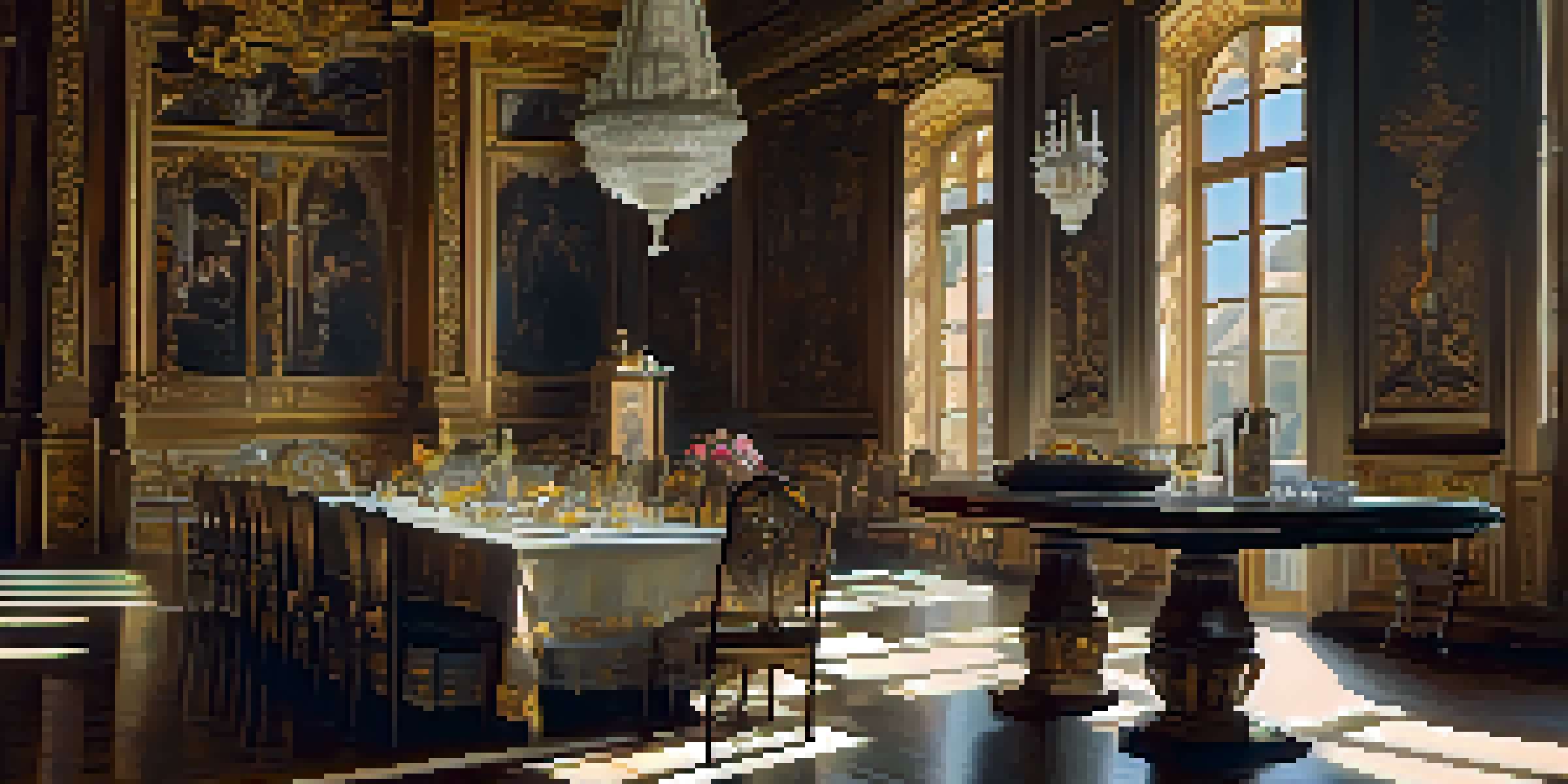 A richly decorated Baroque room with sunlight illuminating intricate designs, featuring a solitary figure in period clothing by a lavish table.