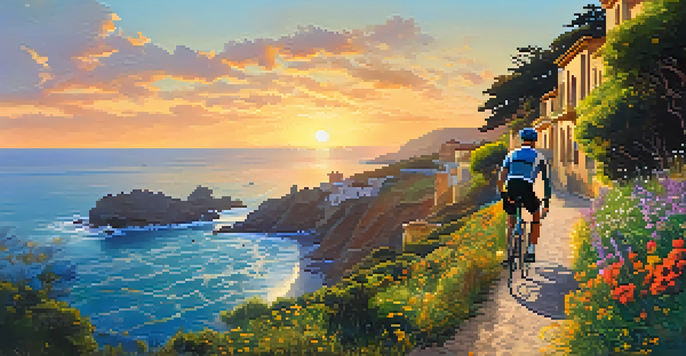 Cyclists riding along a coastal path in Spain with a sunset in the background, surrounded by greenery and wildflowers.