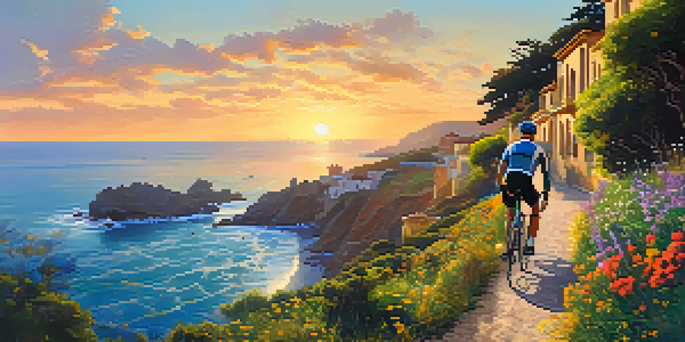 Cyclists riding along a coastal path in Spain with a sunset in the background, surrounded by greenery and wildflowers.