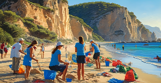 Volunteers cleaning a beach in Spain at sunset, with the Mediterranean Sea and cliffs in the background.