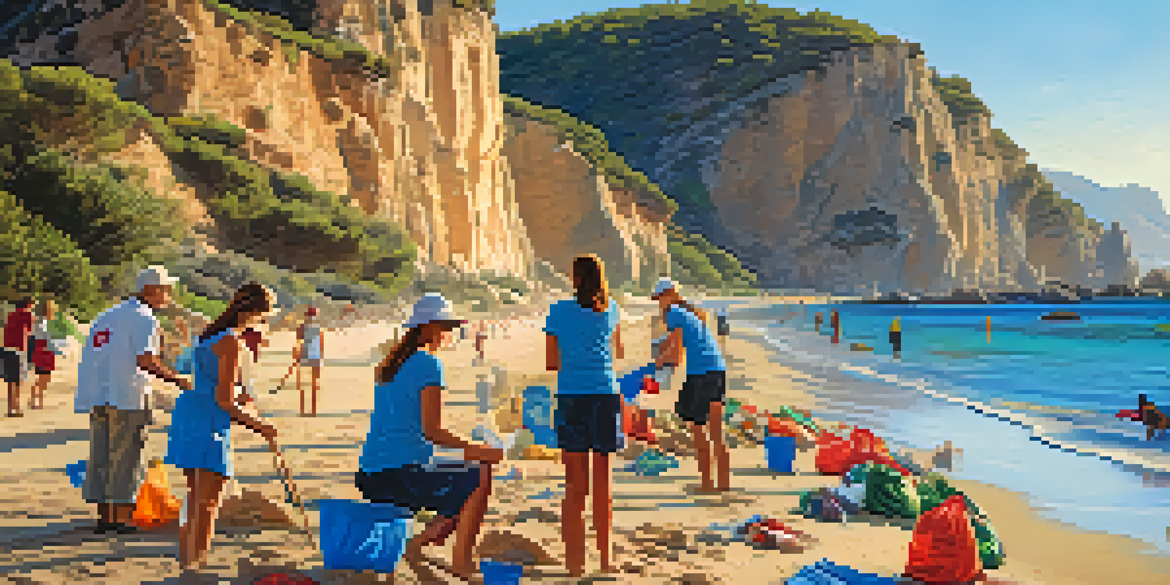 Volunteers cleaning a beach in Spain at sunset, with the Mediterranean Sea and cliffs in the background.