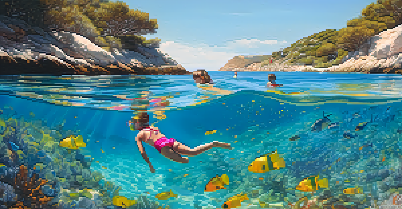 A family snorkeling in clear waters, with children in bright snorkeling gear observing colorful fish and sea plants.