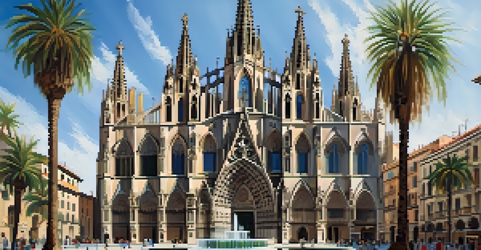 The façade of the Barcelona Cathedral with Gothic spires, surrounded by a peaceful cloister and palm trees.