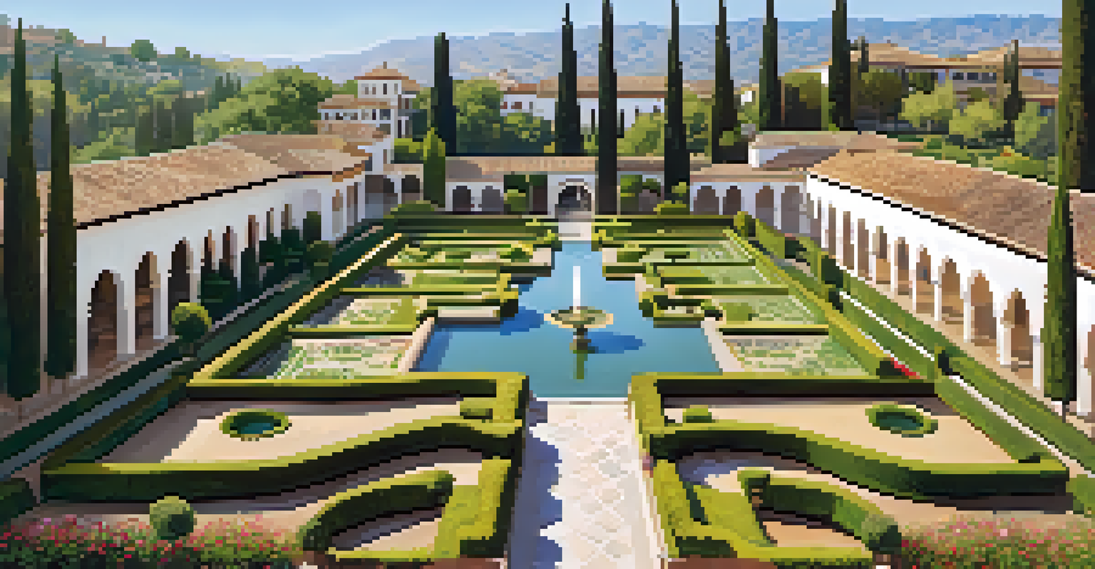 Aerial view of beautifully landscaped gardens with water channels and flower beds, showcasing historical architecture.