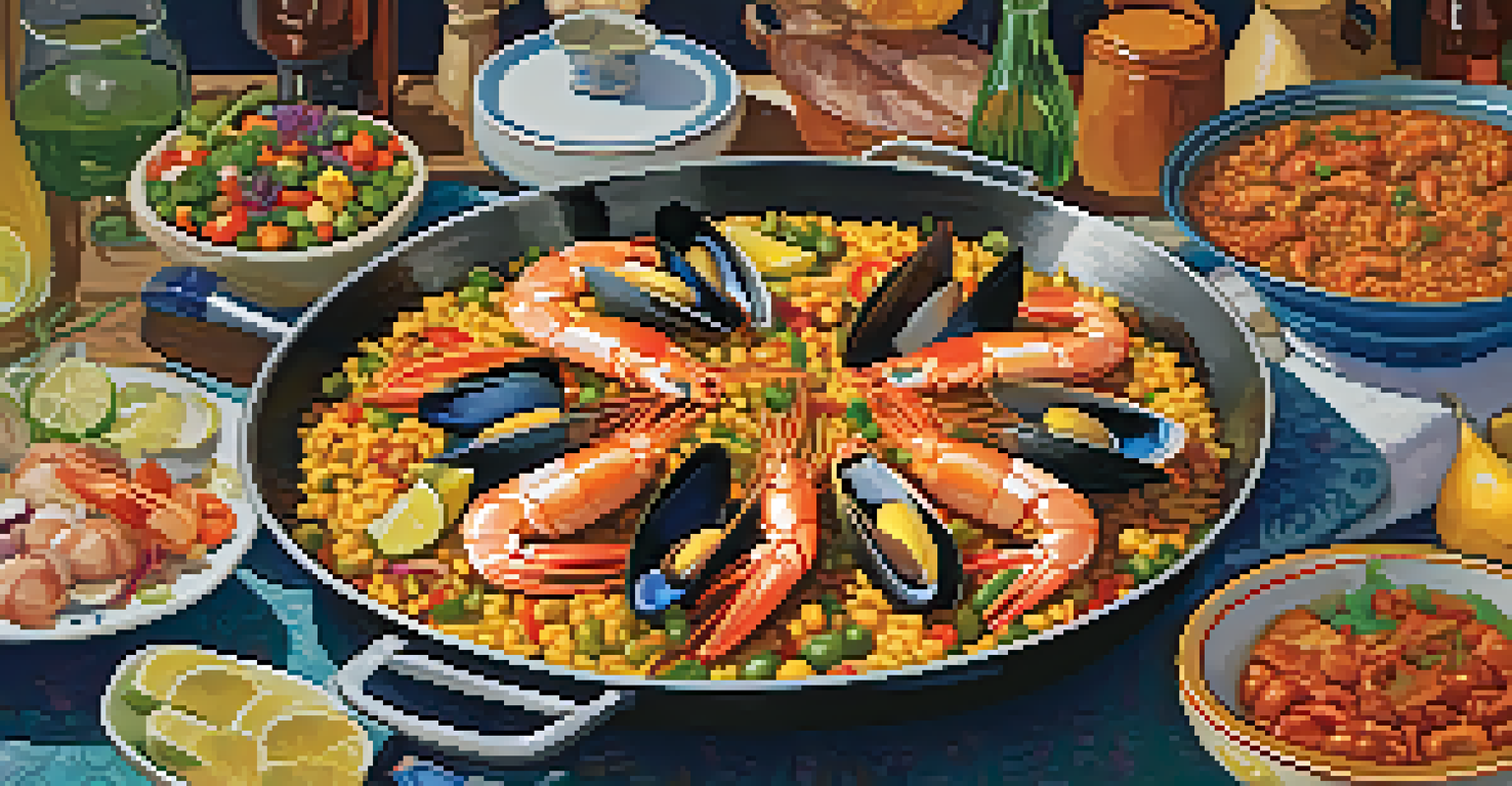 A large paella pan filled with seafood paella, surrounded by a warm kitchen atmosphere with friends enjoying a meal.
