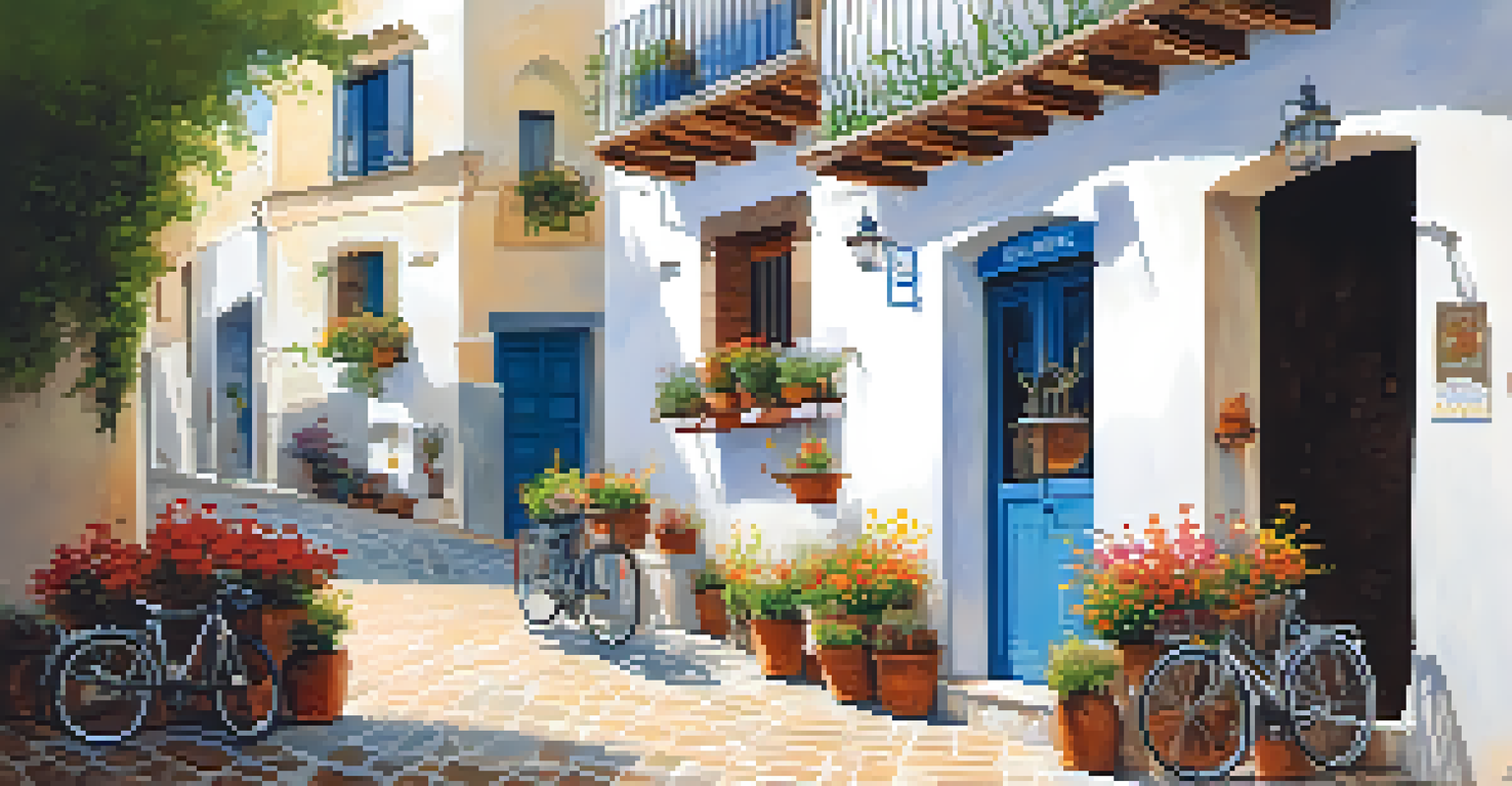 Cyclists resting at a café in a white-washed village in Andalusia, surrounded by colorful flowers and traditional architecture.